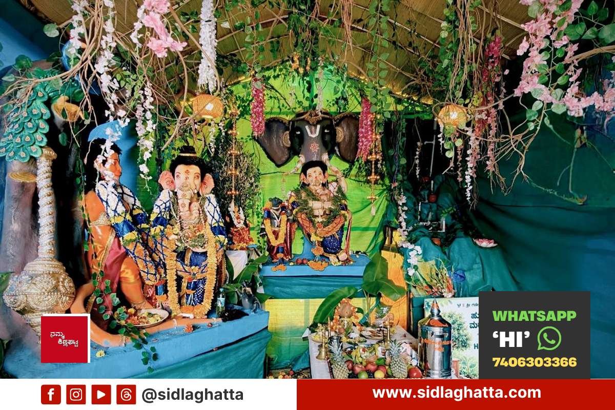 Eco-friendly mud Ganesha idol decorated with green theme at Kote Sri Vinayaka pandal, Sidlaghatta