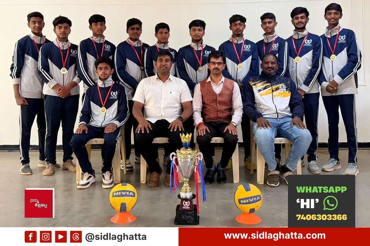 Dolphins PU College volleyball team district champions with trophy and medals, Sidlaghatta
